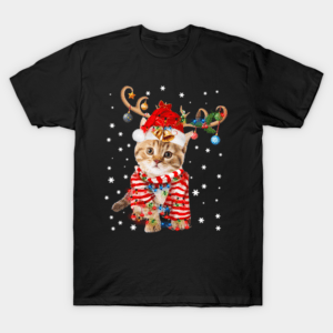 Santa Cat Wrapped Up In Christmas Tree Lights Holiday T-Shirt Unisex