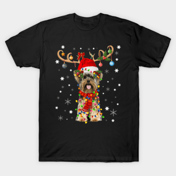 Yorkshire terrier reindeer Christmas light string ornament T-Shirt Unisex