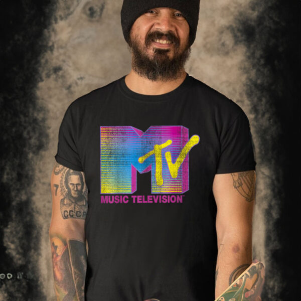 MTV Distressed Fluorescent Gradient Logo Crew Neck Classic Fit T Shirt Black, Adult