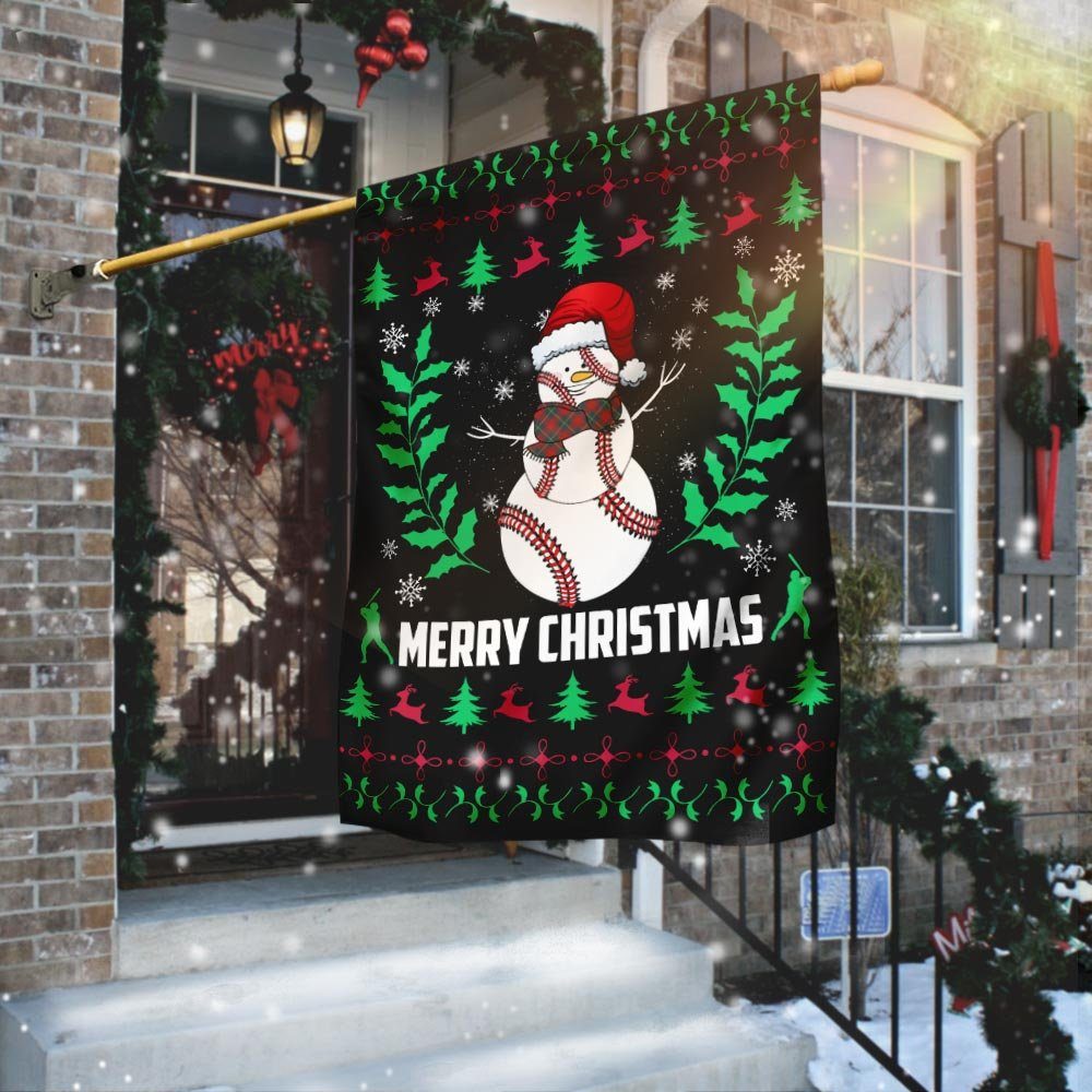 Baseball Snowman Merry Christmas Flag