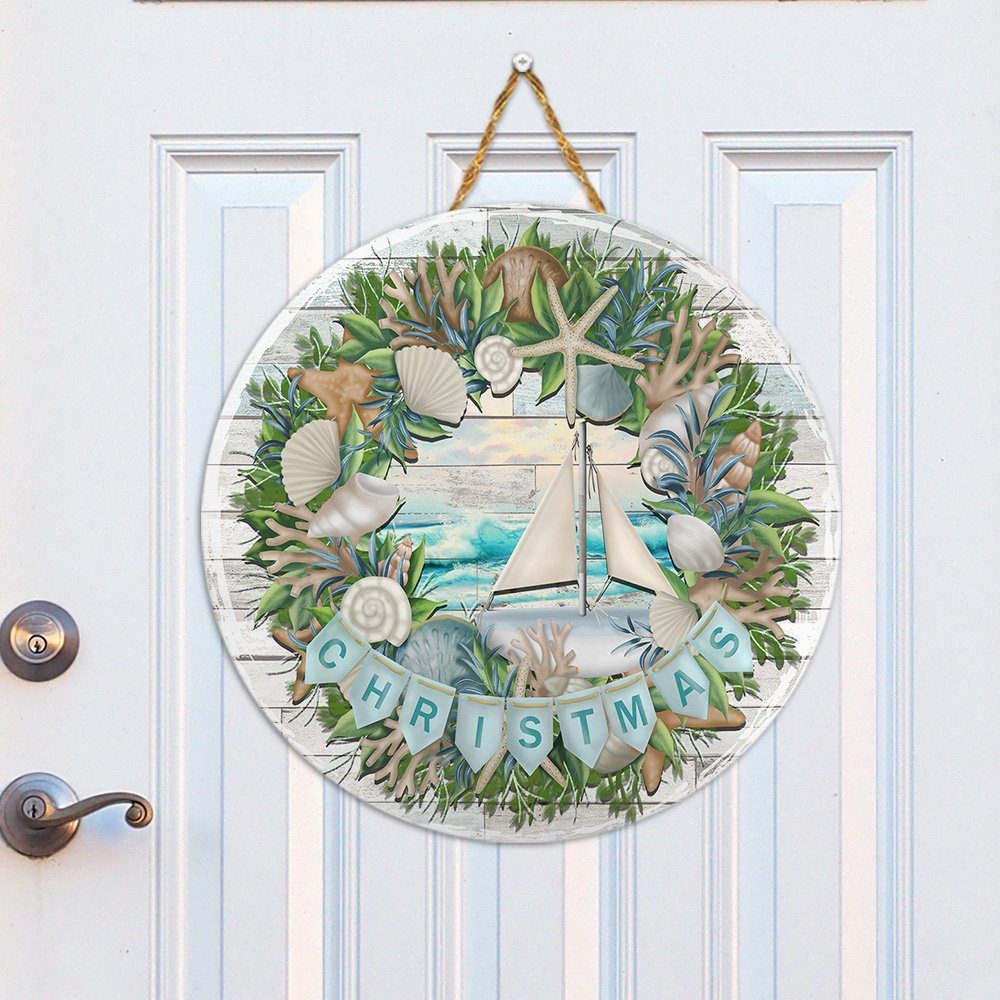 Beach Wreath Christmas Wooden Door Sign THH3589WS