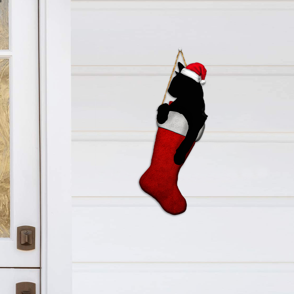 Black Cat In Christmas Stocking Wooden Sign TTY353WD