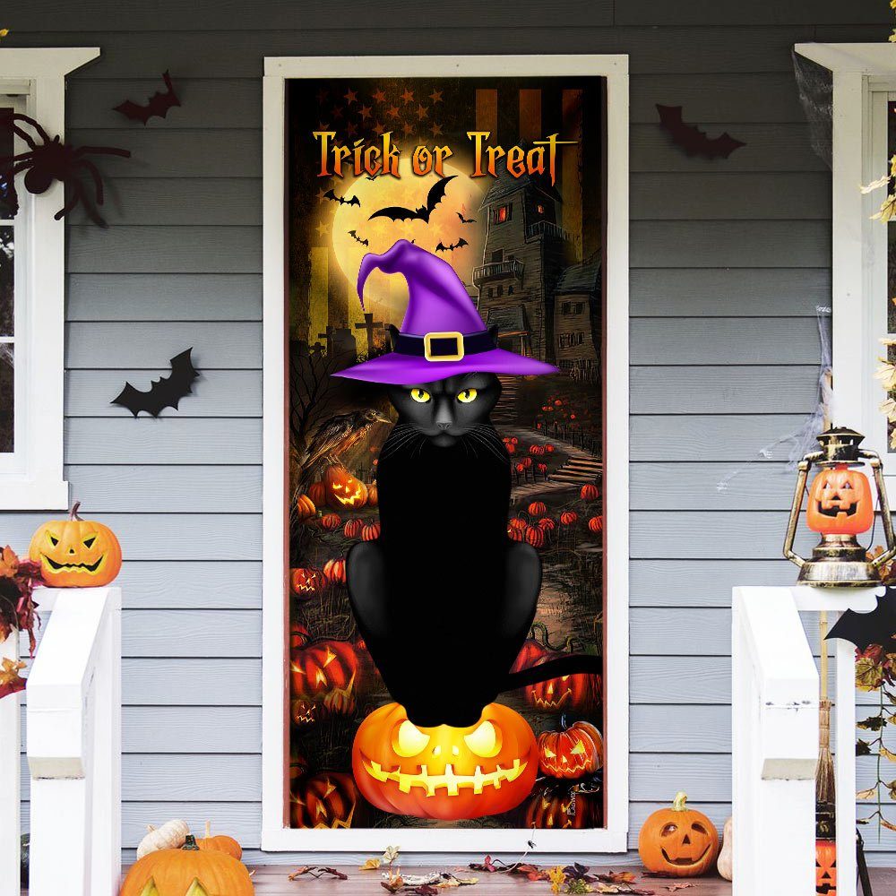 Black Cat Pumpkin Trick Or Treat Halloween Door Cover & Banner Home Decor QNN298DS