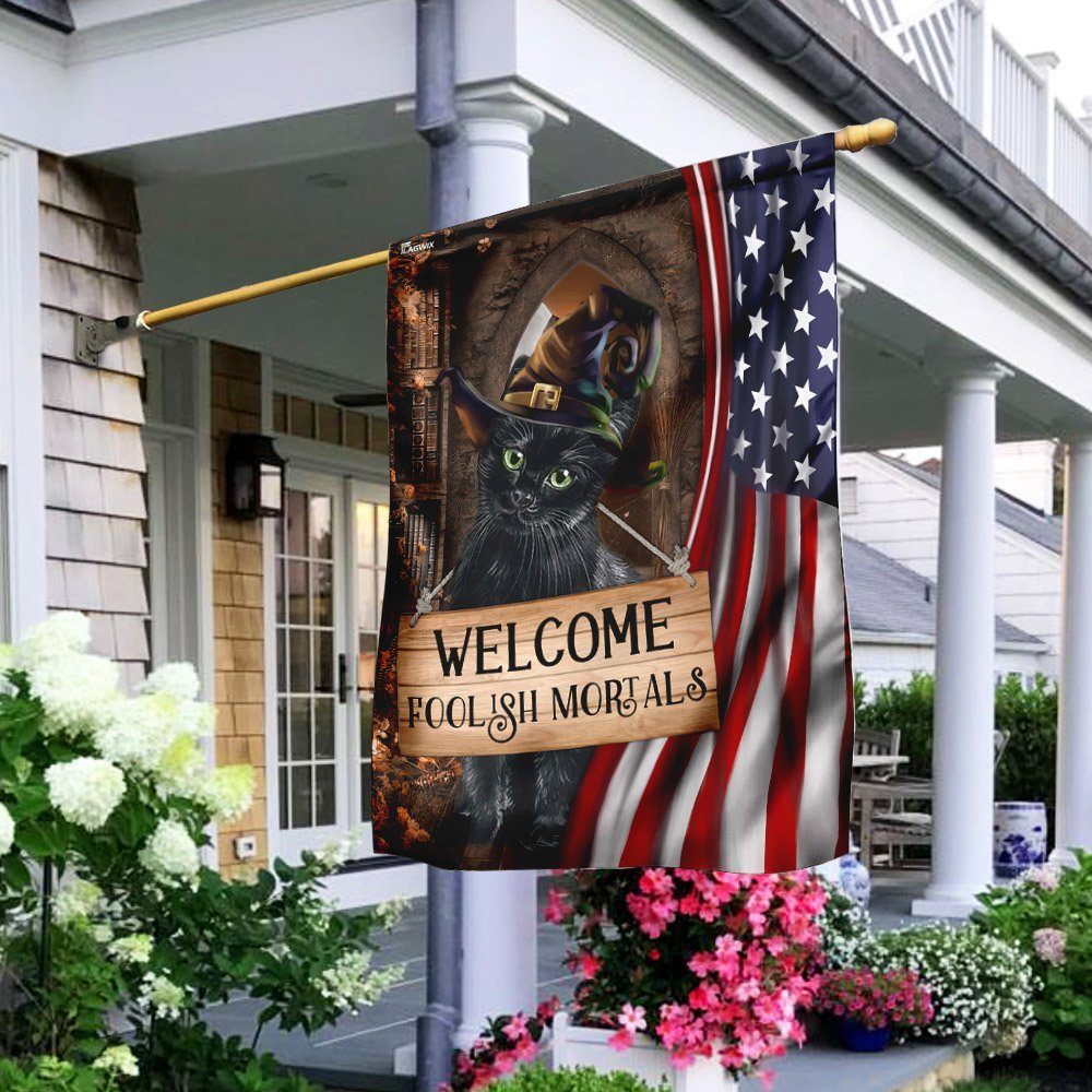 Black Cat Welcome Foolish Mortals Flag