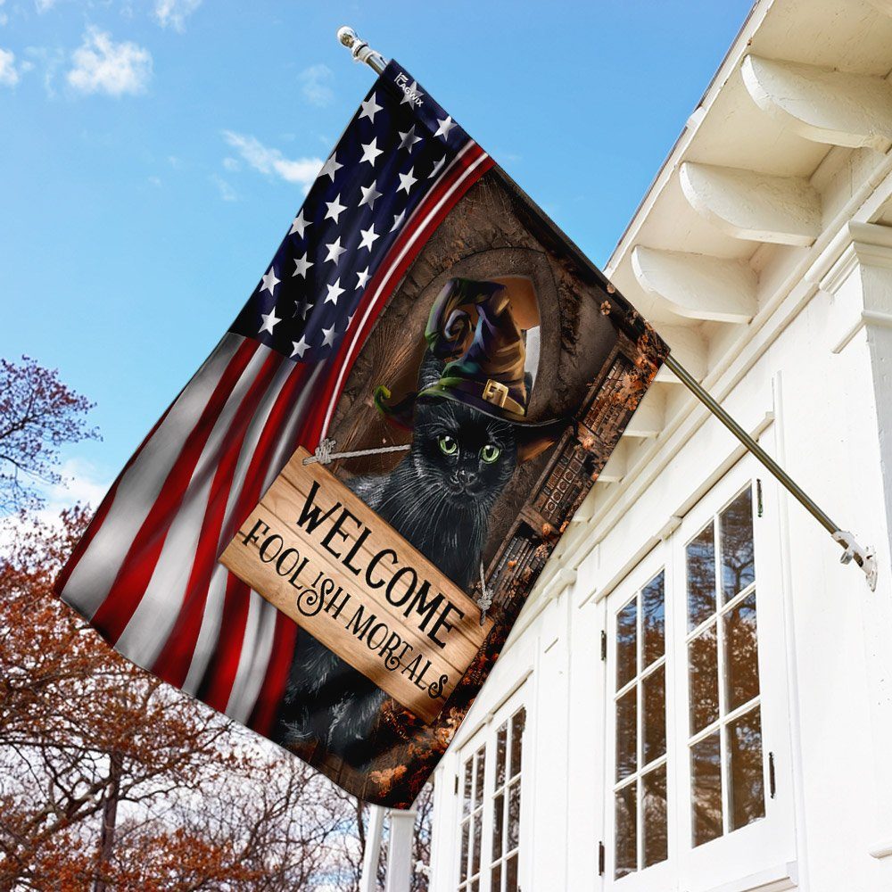 Black Cat Welcome Foolish Mortals Flag