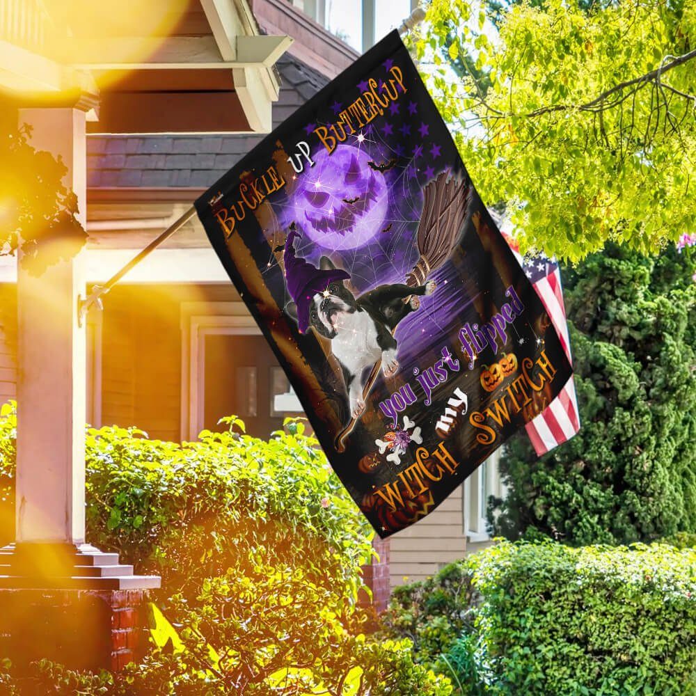 Boston Terrier Witch Switch Halloween Flag