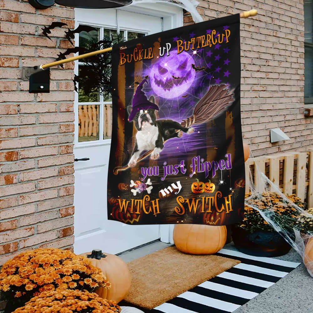Boston Terrier Witch Switch Halloween Flag