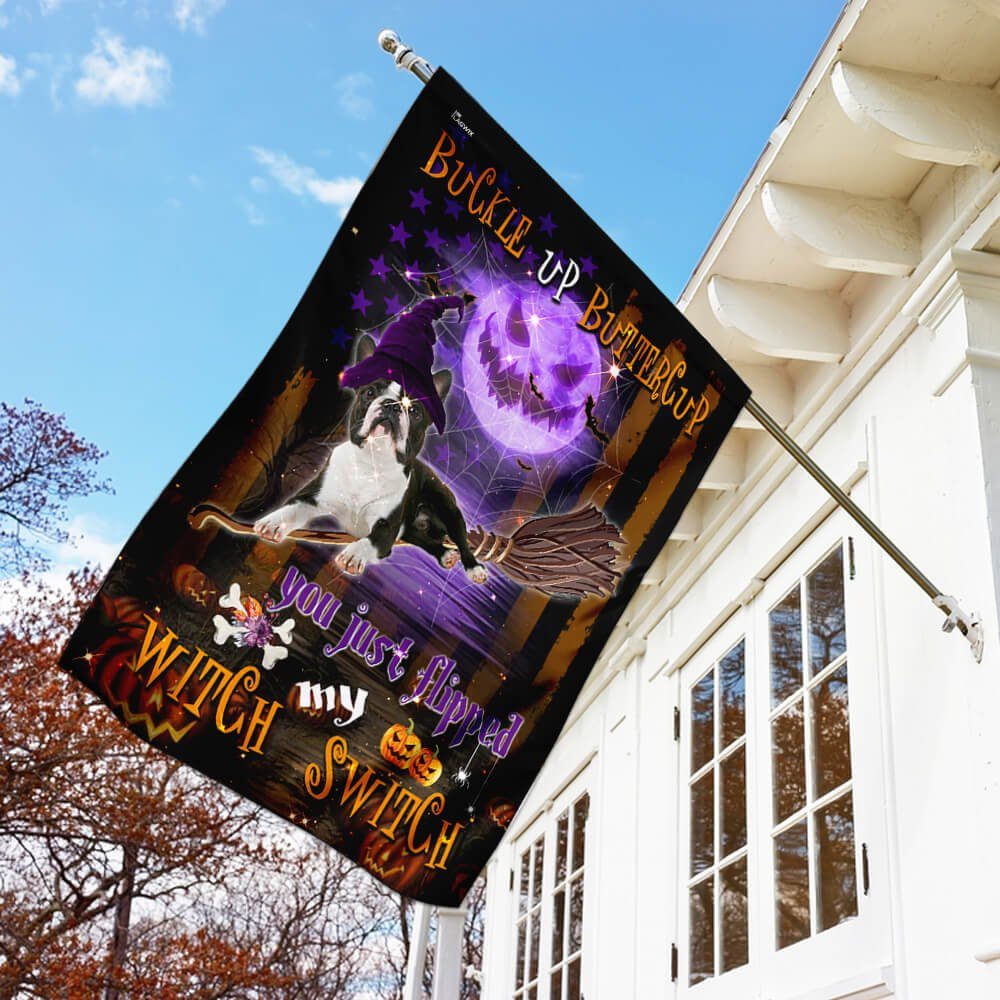 Boston Terrier Witch Switch Halloween Flag Boston Terrier Witch Switch Halloween Flag