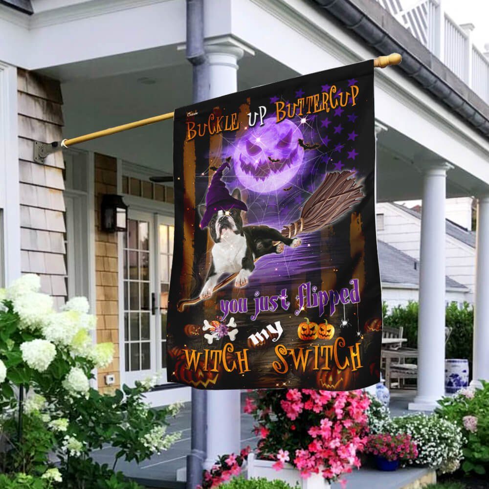Boston Terrier Witch Switch Halloween Flag Boston Terrier Witch Switch Halloween Flag
