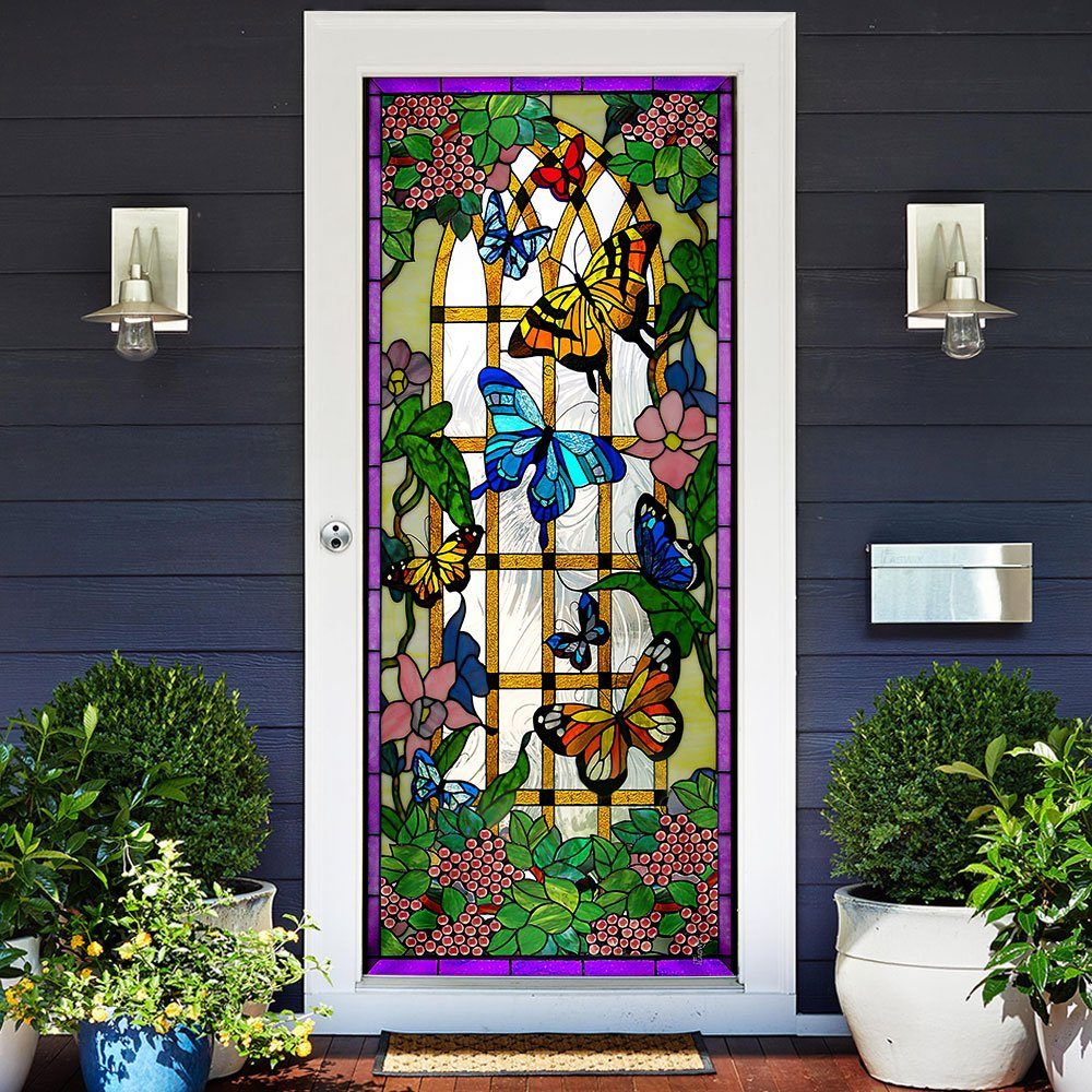 Butterfly Gardening Stained Glass Door Cover