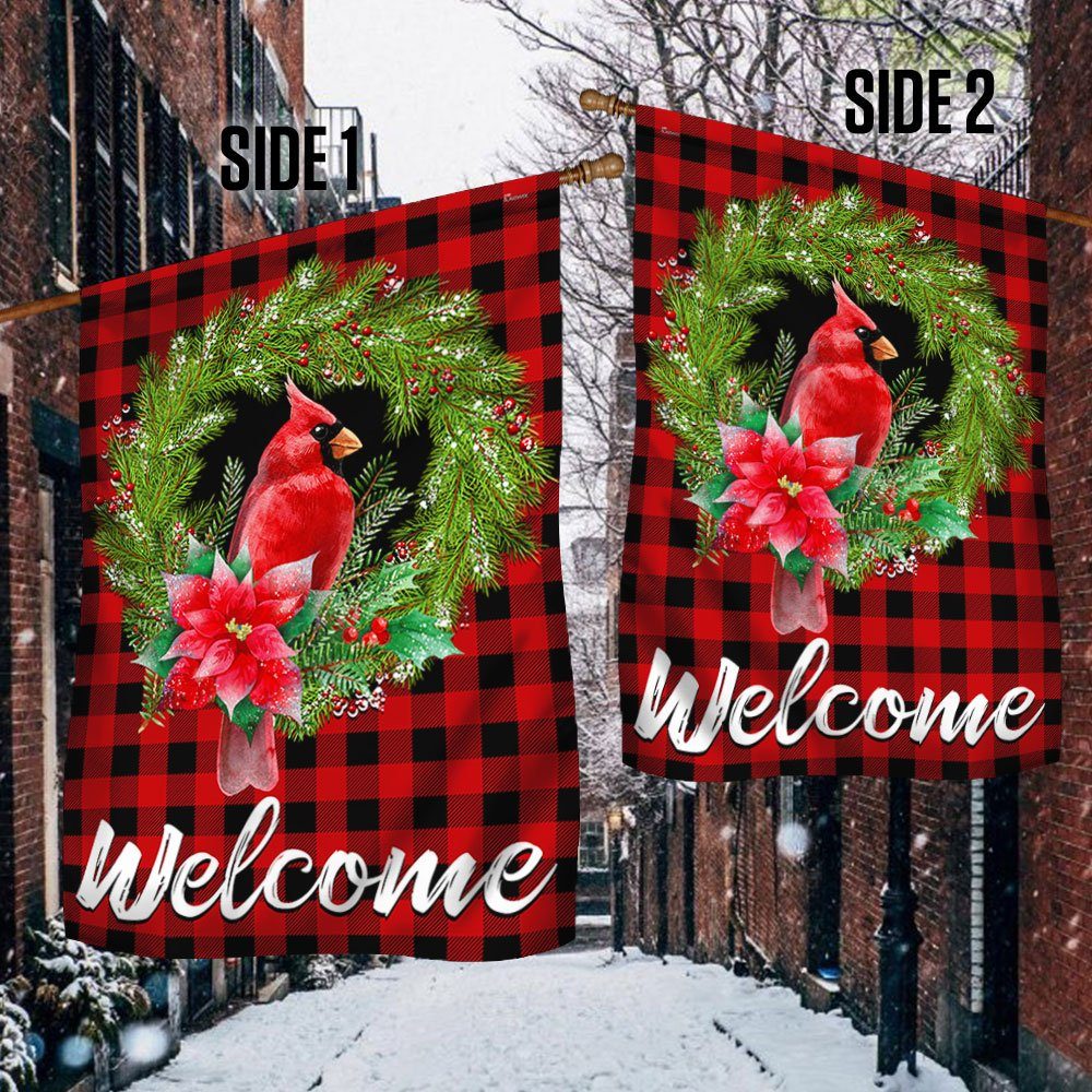 Cardinal Christmas Plaid Welcome Flag TQN601F