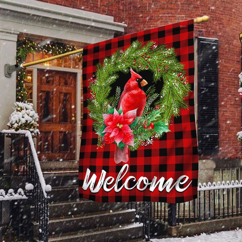Cardinal Christmas Plaid Welcome Flag TQN601F