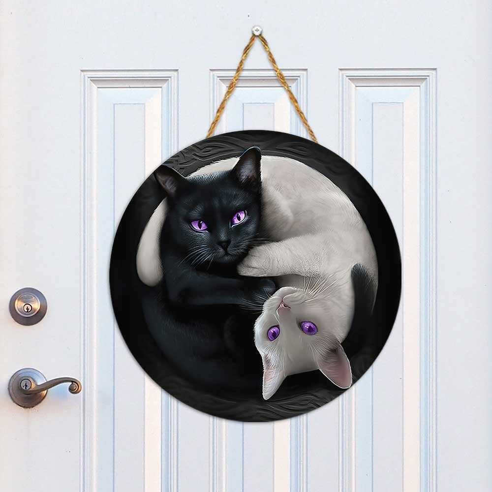 Cat Round Wooden Sign Two Cats Yin Yang DBD2808WDv1