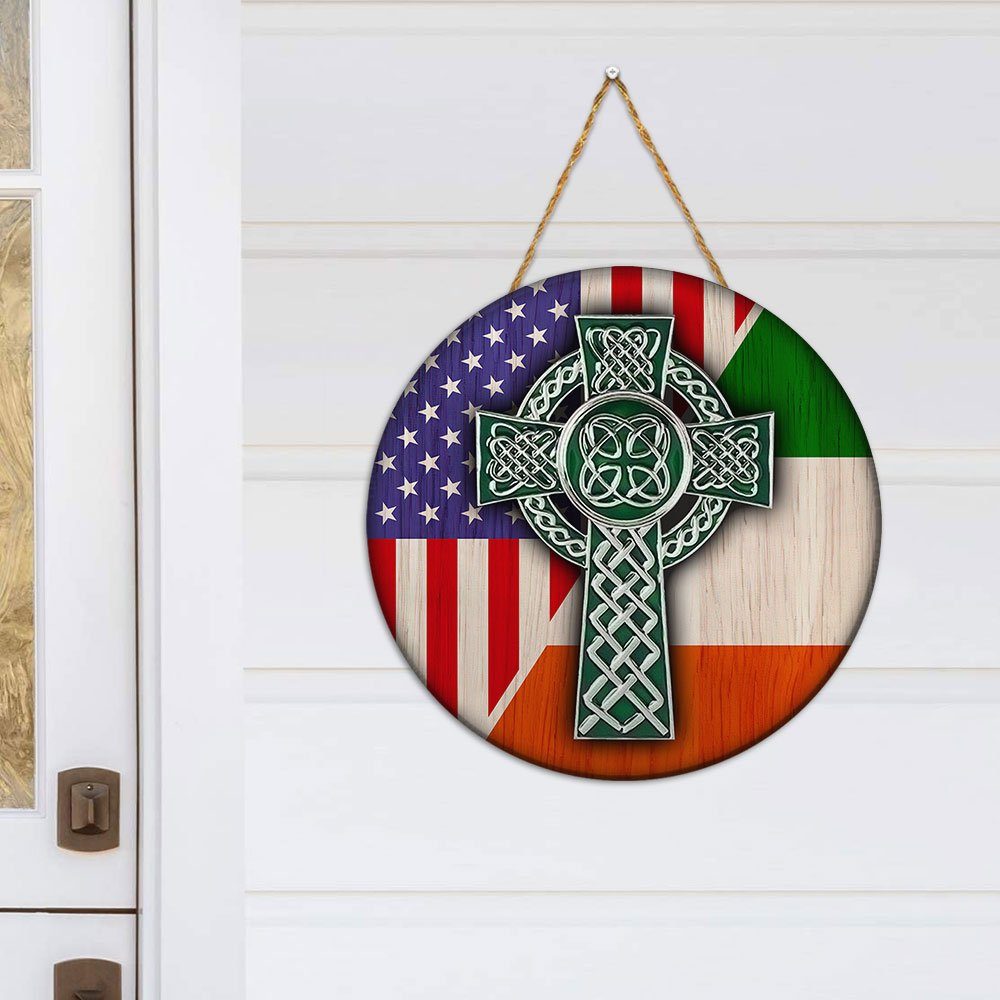 Celtic Cross Irish American Flag Round Wooden Sign QNK19WD