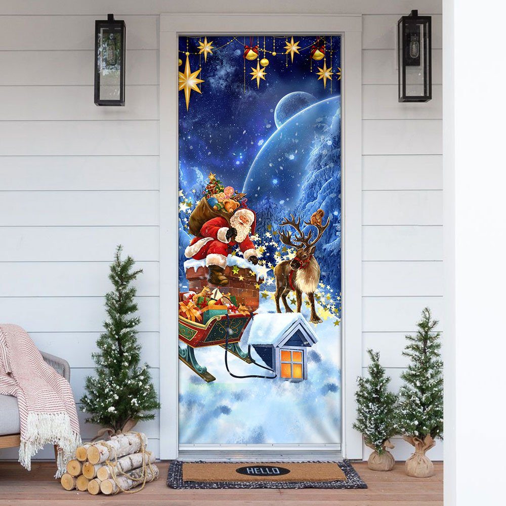 Christmas Door Cover Santa Claus climbing down The Chimney QNK1010D