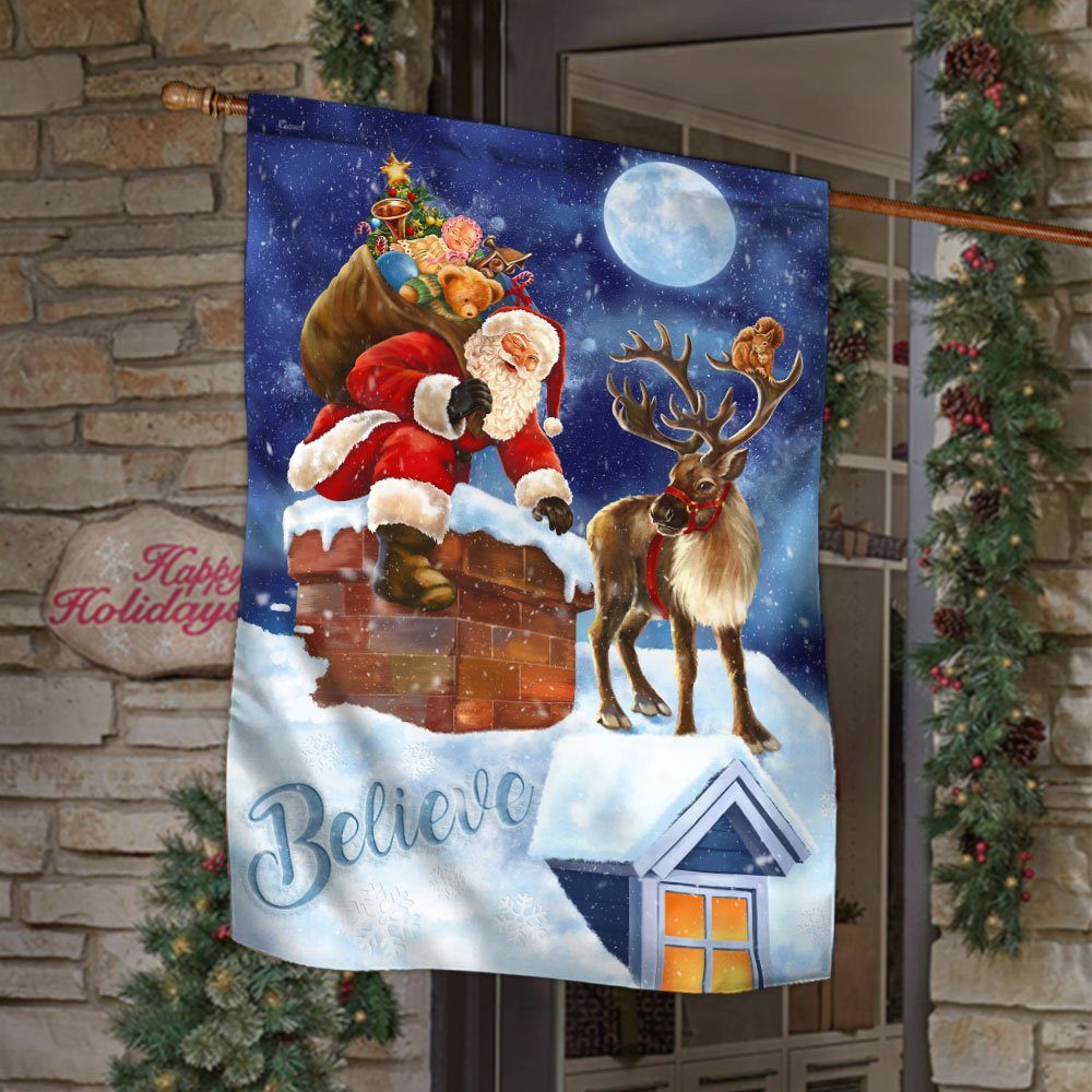 Christmas Flag Santa Claus climbing down The Chimney QNN636F
