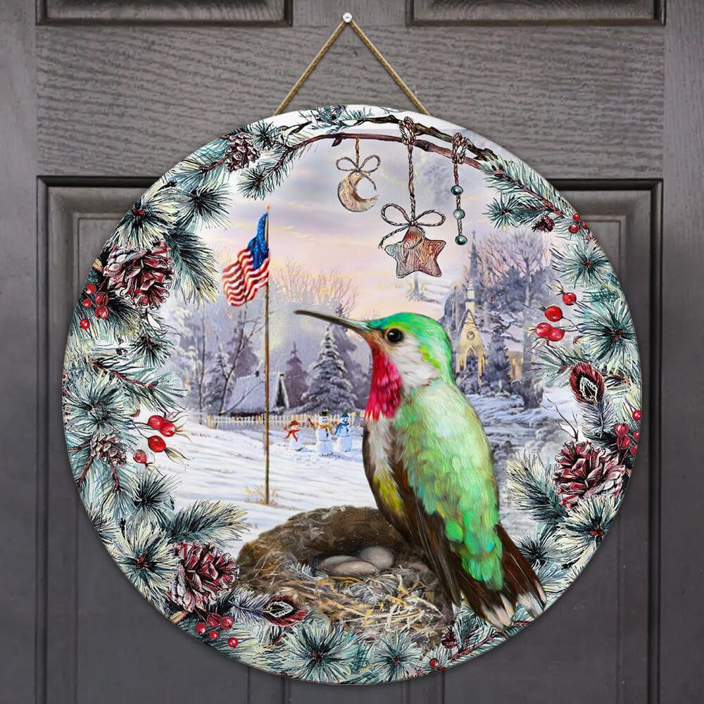 Christmas Hummingbird Round Wooden Sign  Decor NTB159WDv3
