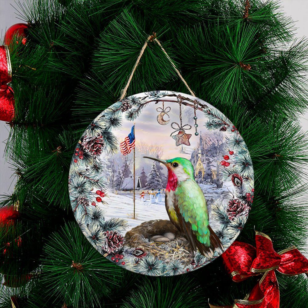 Christmas Hummingbird Round Wooden Sign  Decor NTB159WDv3