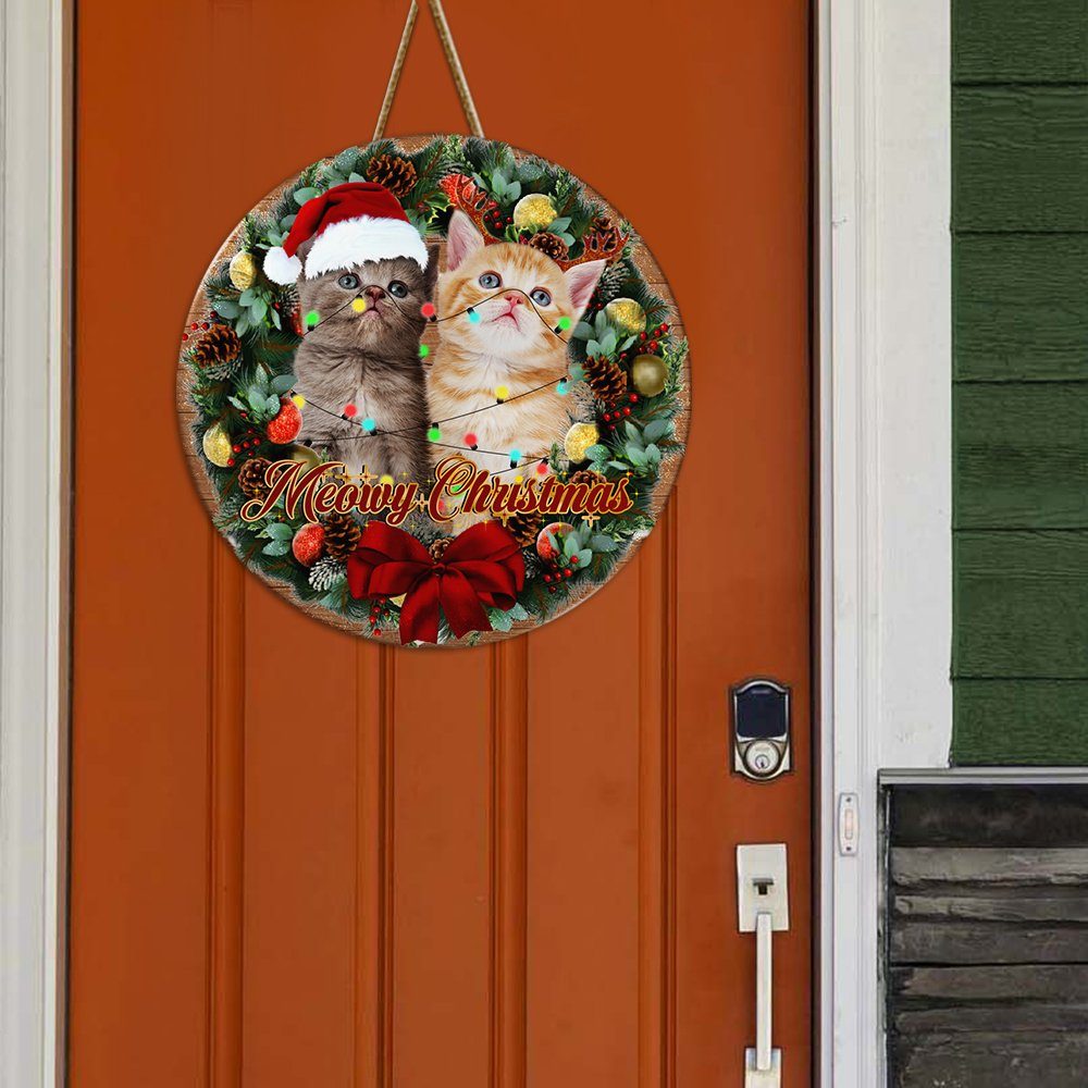 Christmas Round Wooden Sign Cat Meowy Christmas ANT232WD