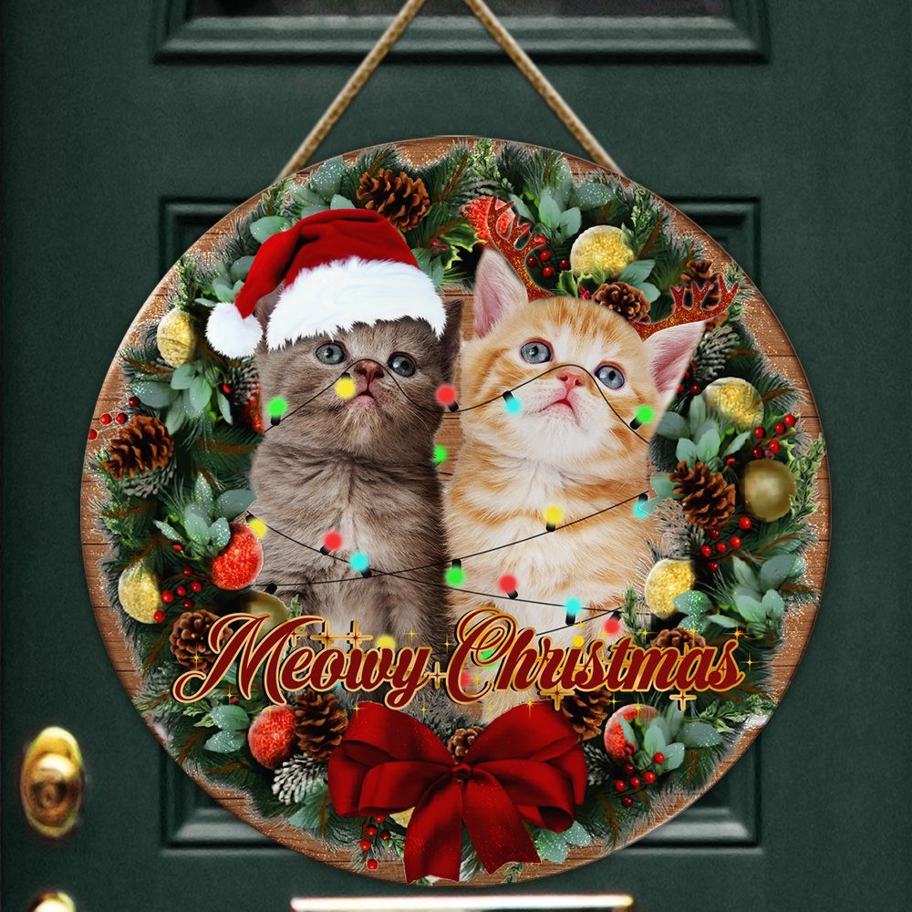 Christmas Round Wooden Sign Cat Meowy Christmas ANT232WD