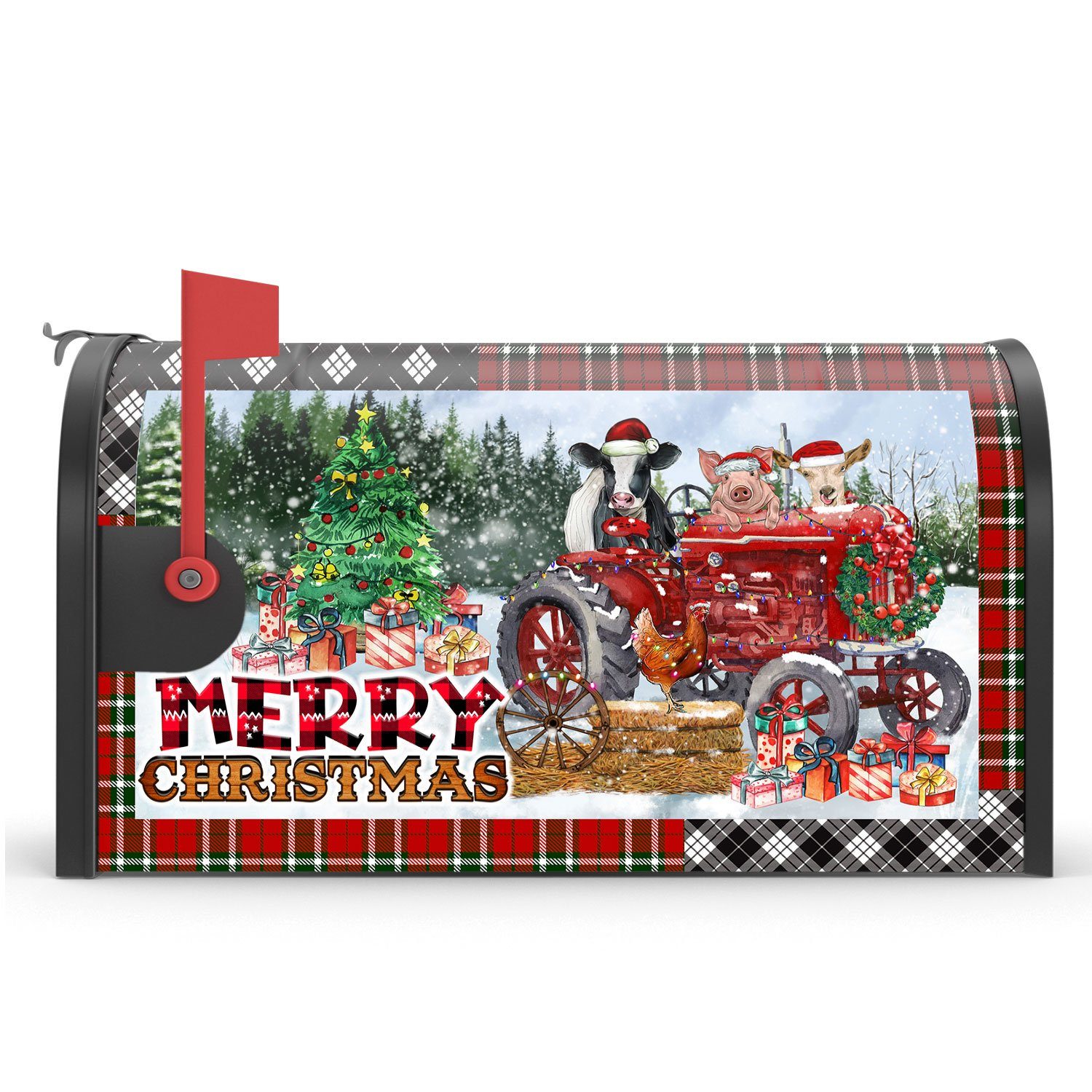 Chritsmas On The Farm Retro Tractor Garden Flag & Mailbox Cover BNN627MF