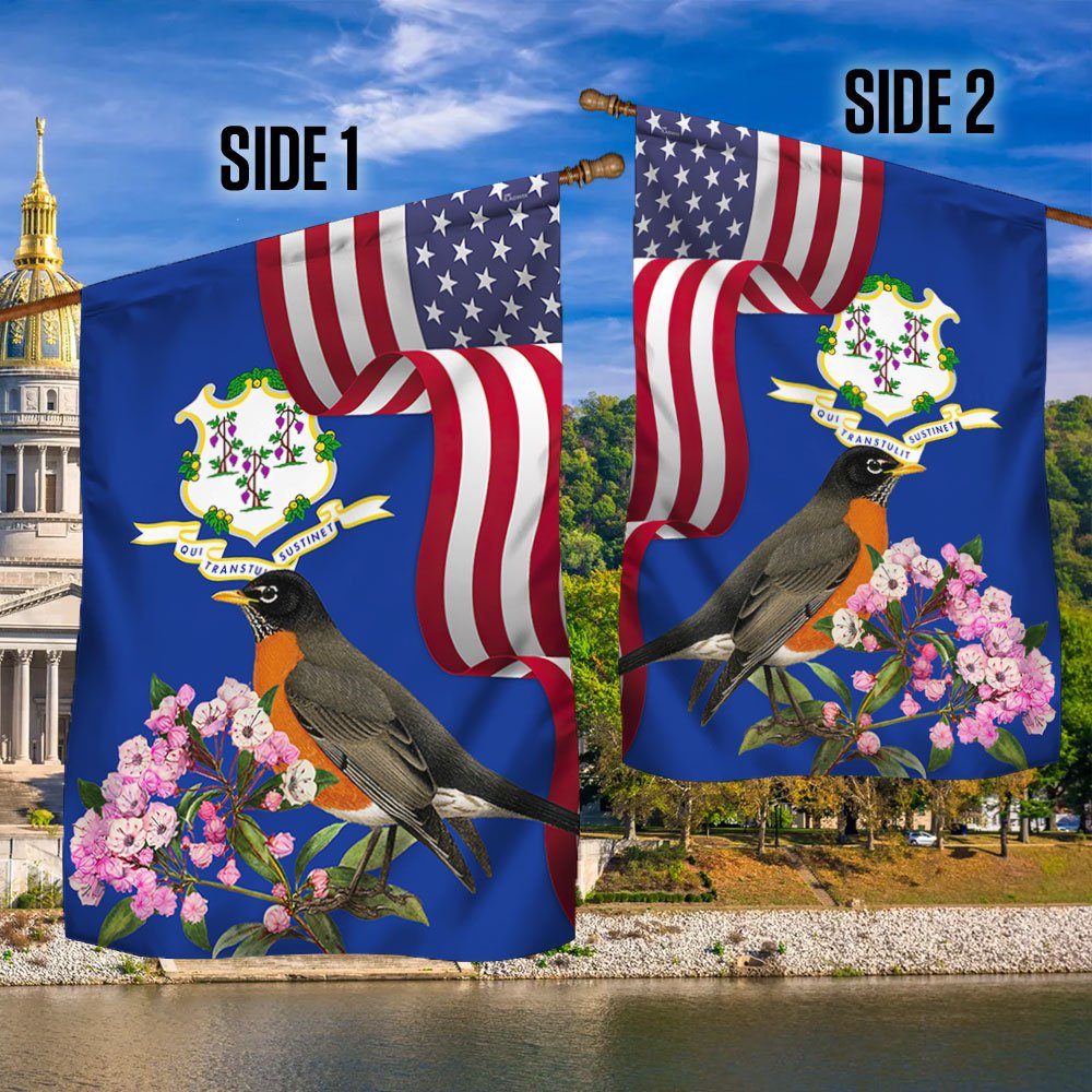 Connecticut State  American Robin Bird and Mountain Laurel Flower Flag MLN1141Fv15
