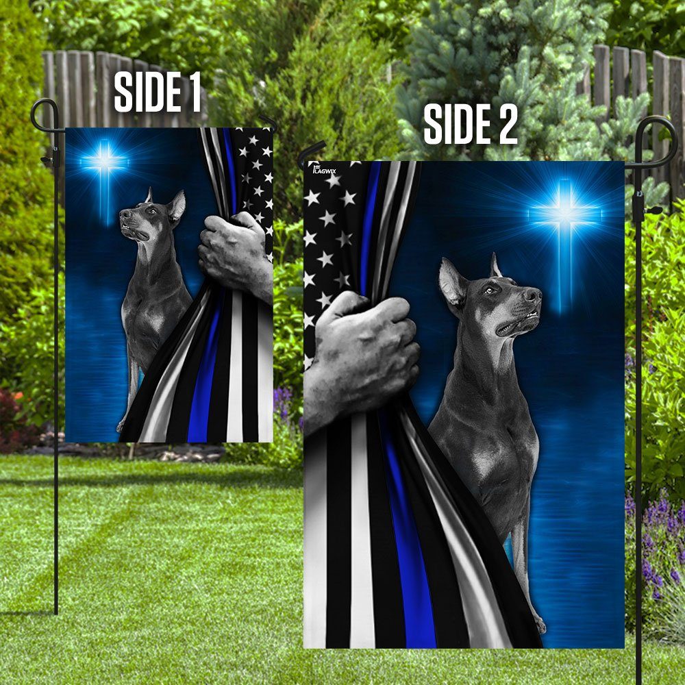Dobermann Police Dog Thin Blue Line Christian Cross Flag Dobermann Police Dog Thin Blue Line Christian Cross Flag