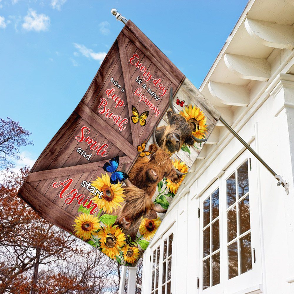 Every Day Is A New Beginning. Highland Cow Sunflower Flag