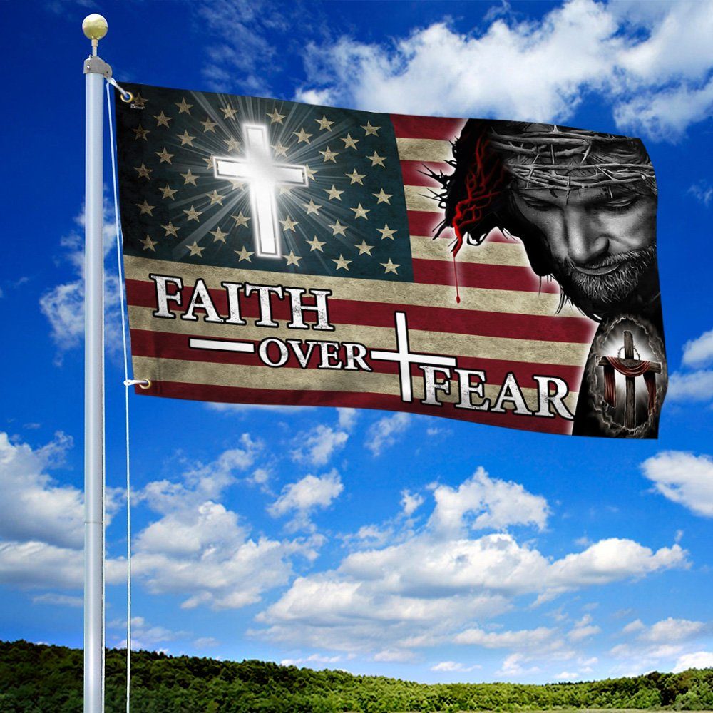 Faith Over Fear. Jesus Christian Cross American Flag THN3850GF