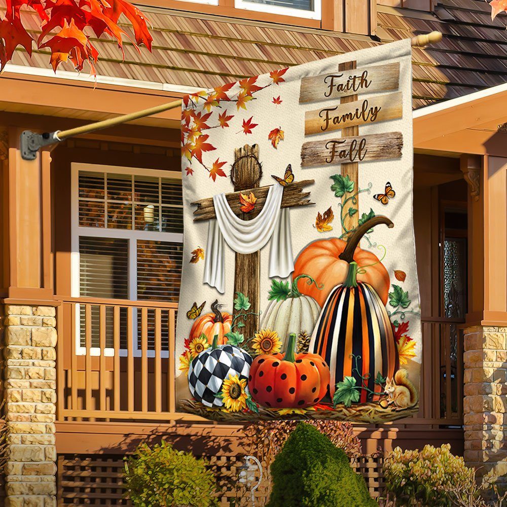 Fall Flag Faith, Family, Fall Christian Cross Thanksgiving Flag TPT352F