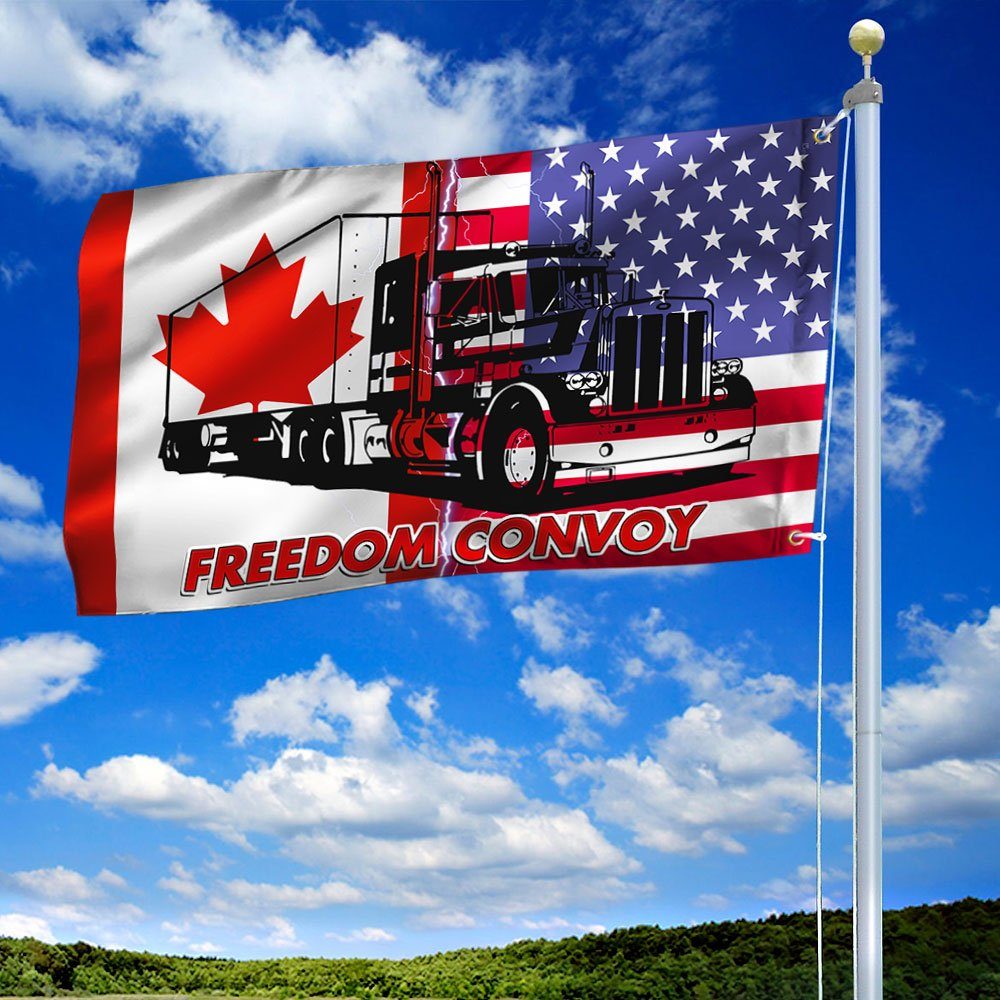 Freedom Convoy 2022 Flag Truckers For Freedom American Canadian Truck All Support For Truckers Grommet Flag TRL1792GF