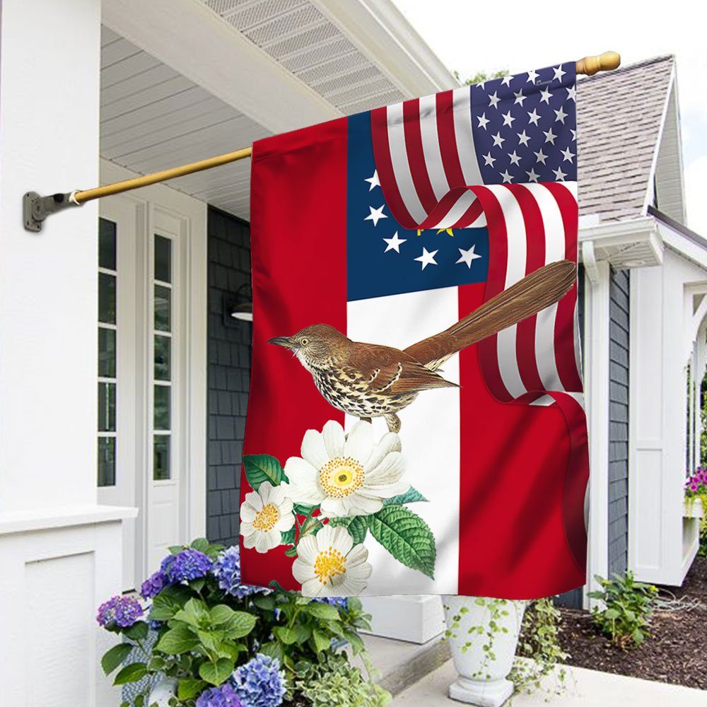 Georgia State Brown Thrasher Bird and Cherokee Rose Flower Flag MLN1141Fv34