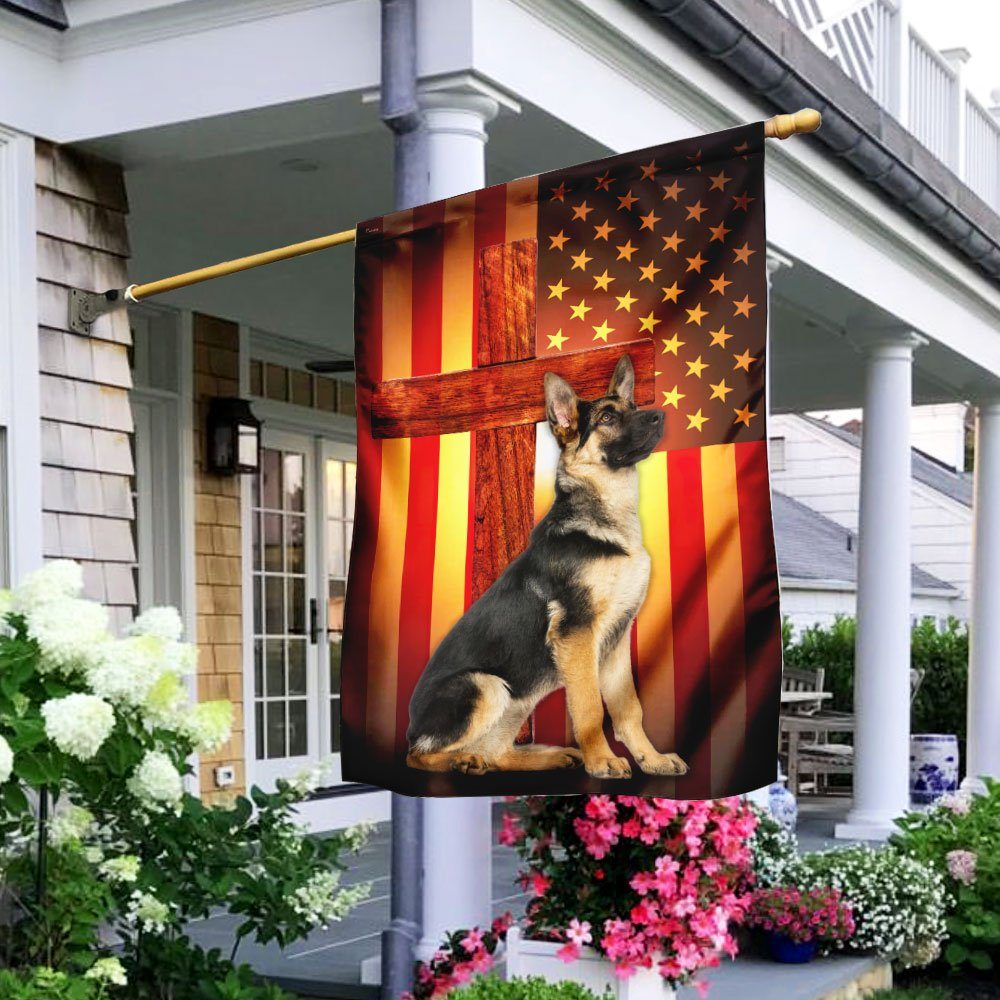 German Shepherd Jesus Cross American US Flag