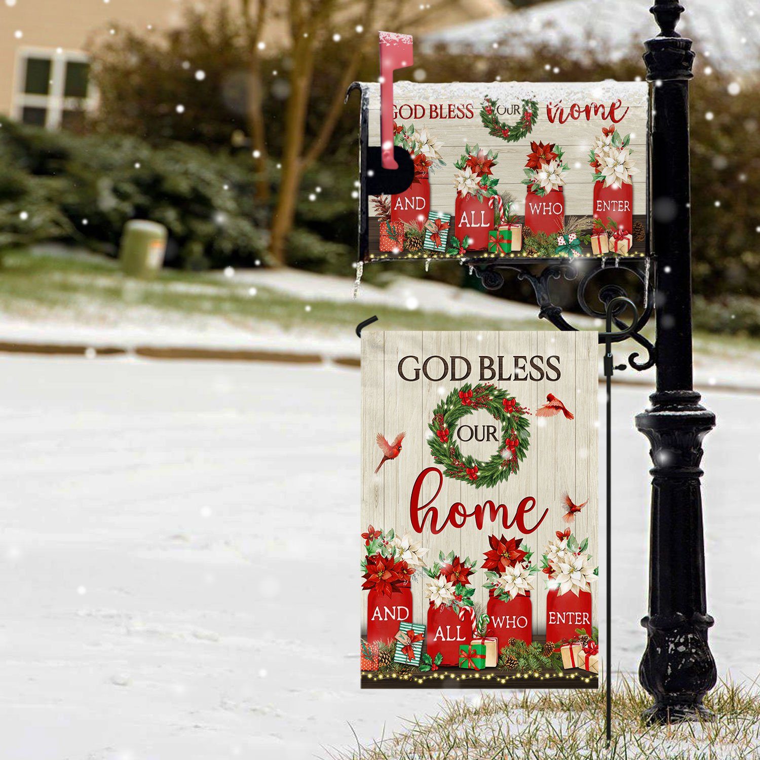 God Bless Our Home And All Who Enter Christmas Garden Flag & Mailbox Cover TQN619MF