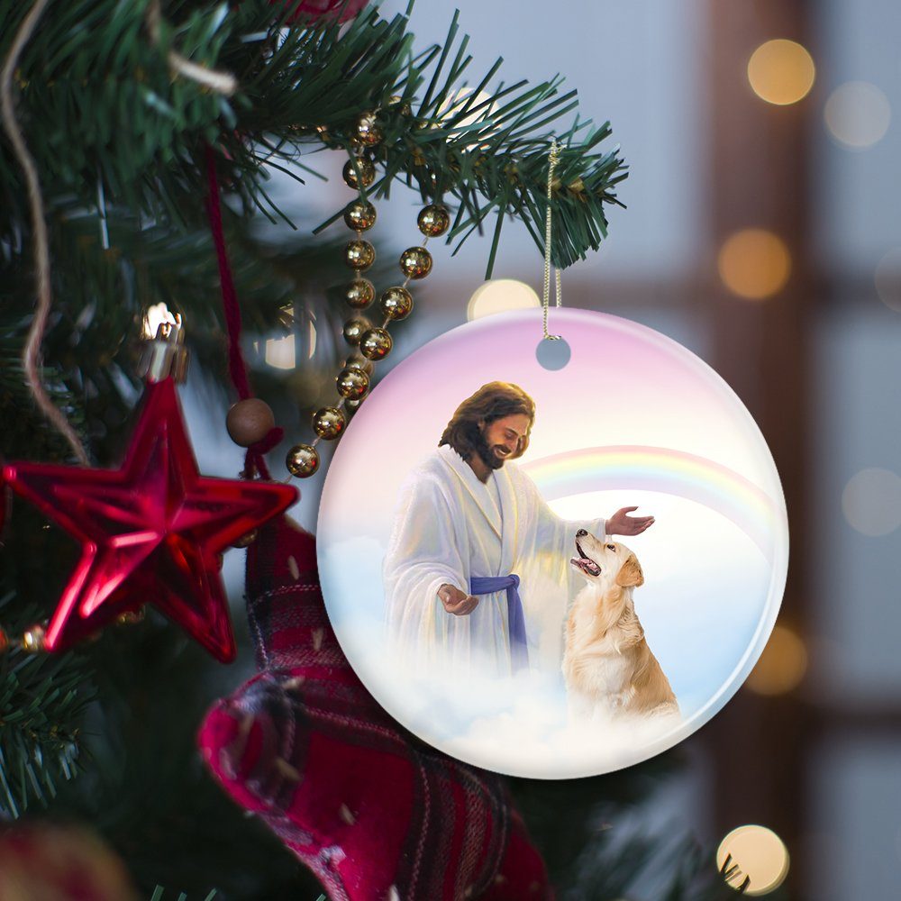 Golden Retriever Ornament Golden Retriever and Jesus Circle Ceramic Ornament TRV1598O