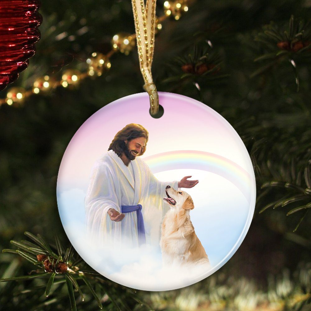 Golden Retriever Ornament Golden Retriever and Jesus Circle Ceramic Ornament TRV1598O