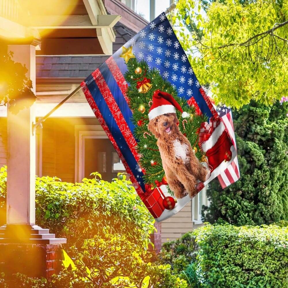 Goldendoodle. Merry Christmas American Flag