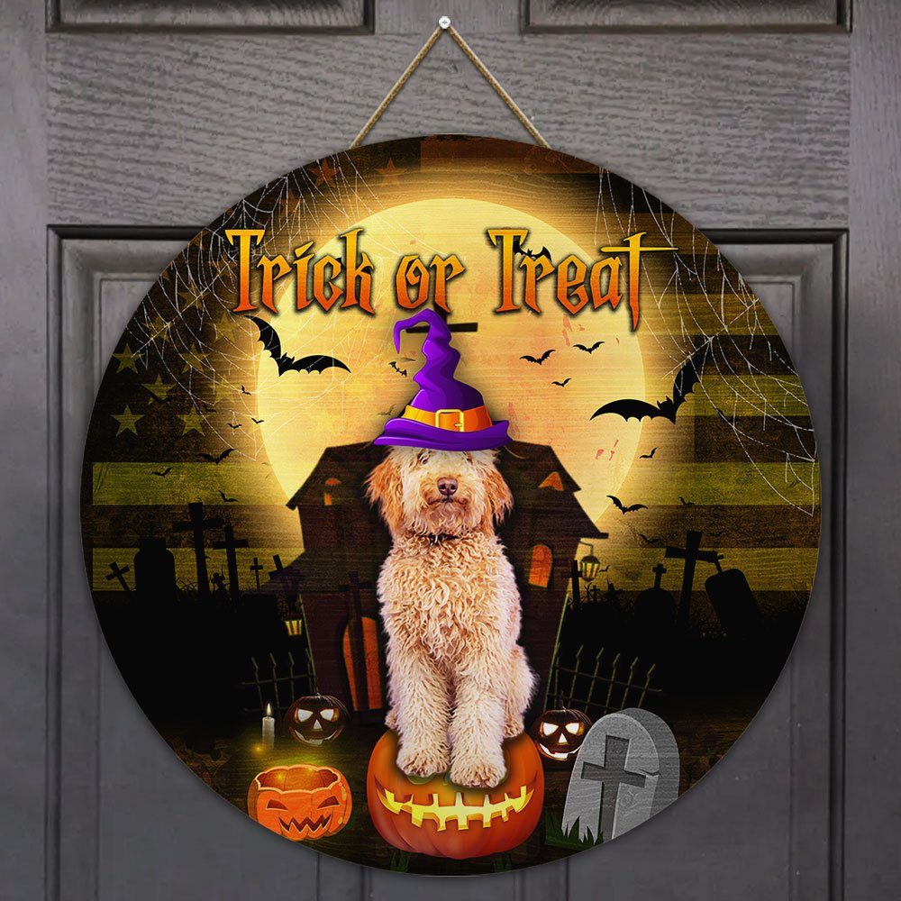 Goldendoodle Trick Or Treat Halloween Round Wooden Sign QNN06WD
