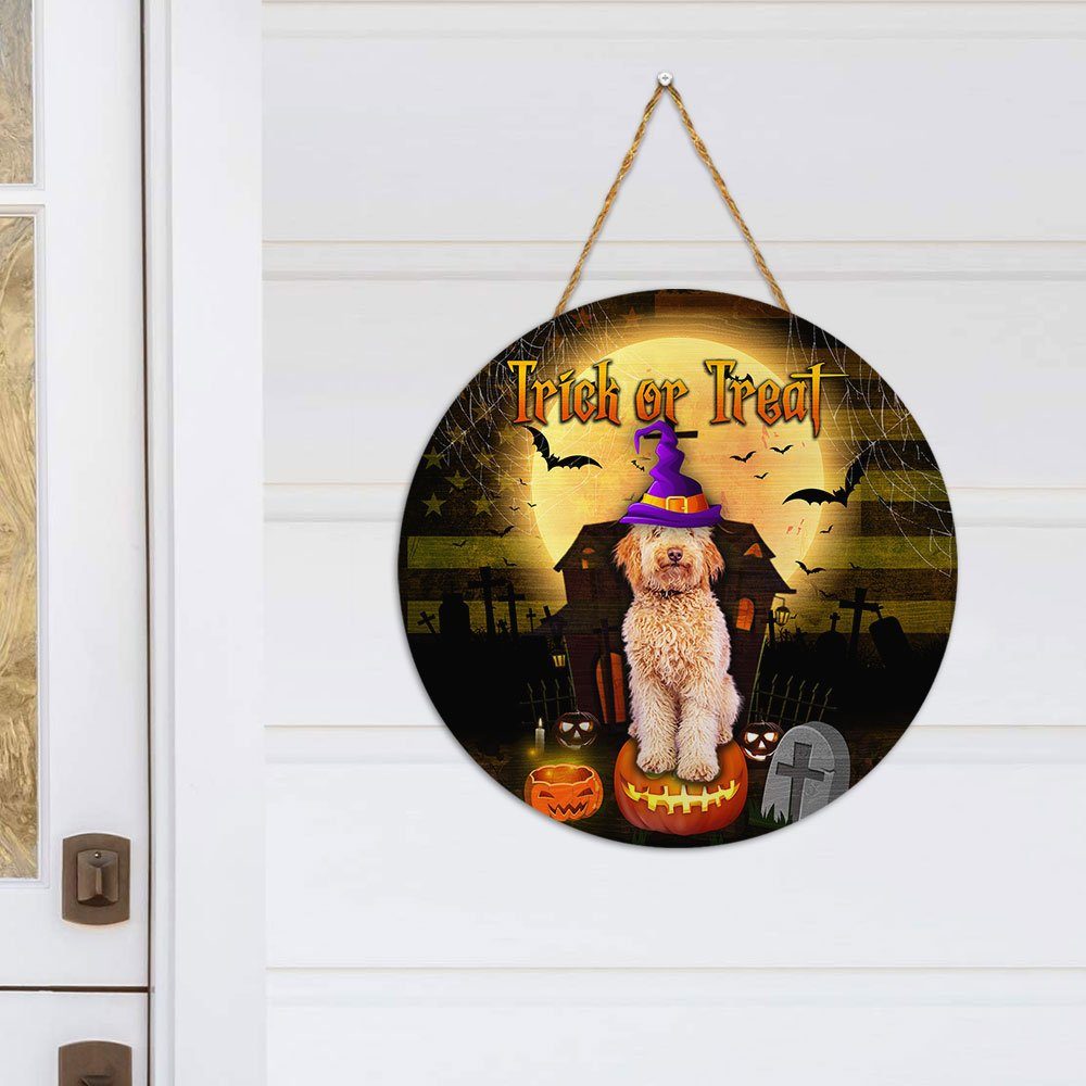 Goldendoodle Trick Or Treat Halloween Round Wooden Sign QNN06WD