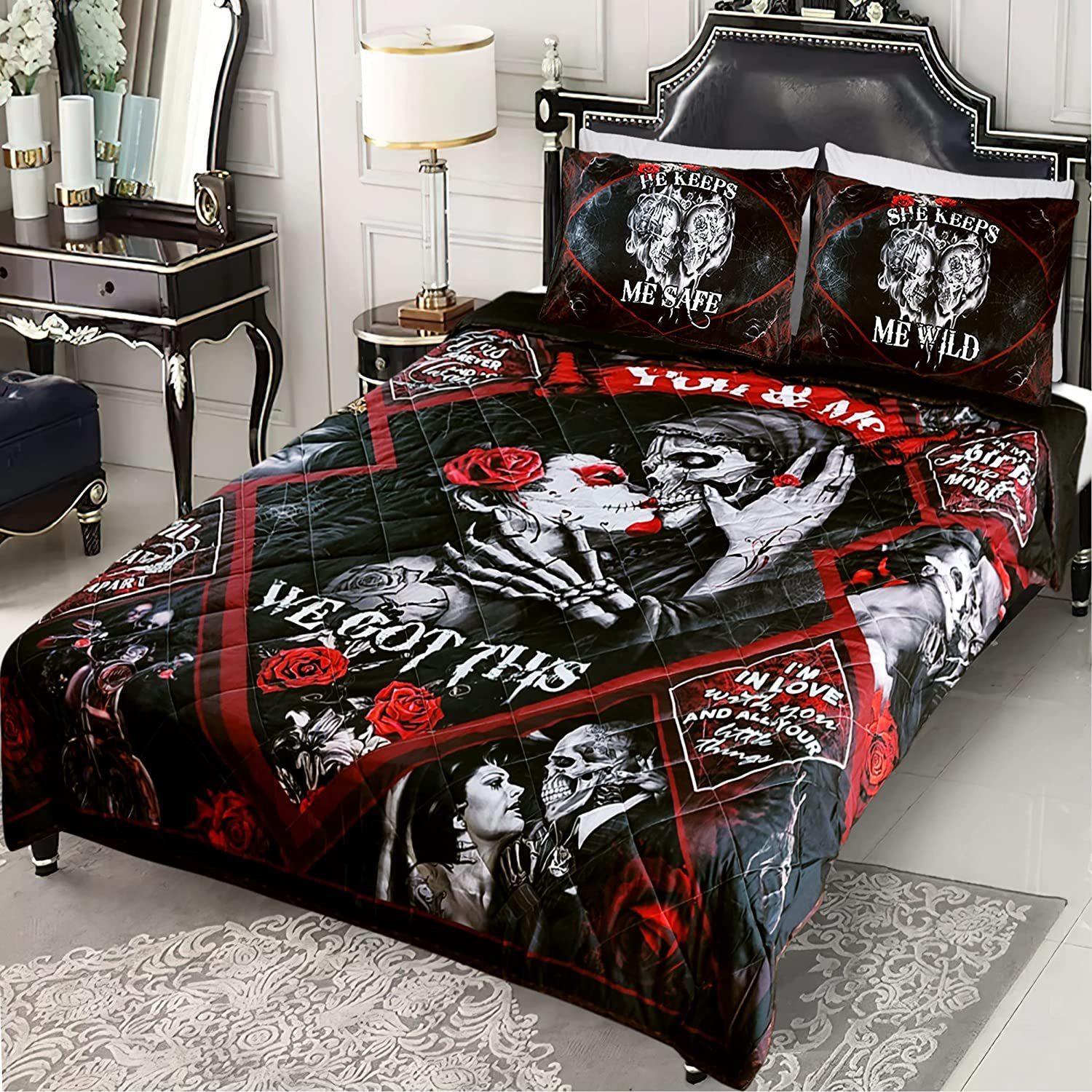 Gothic Skull Couple Quilt Bedding Set