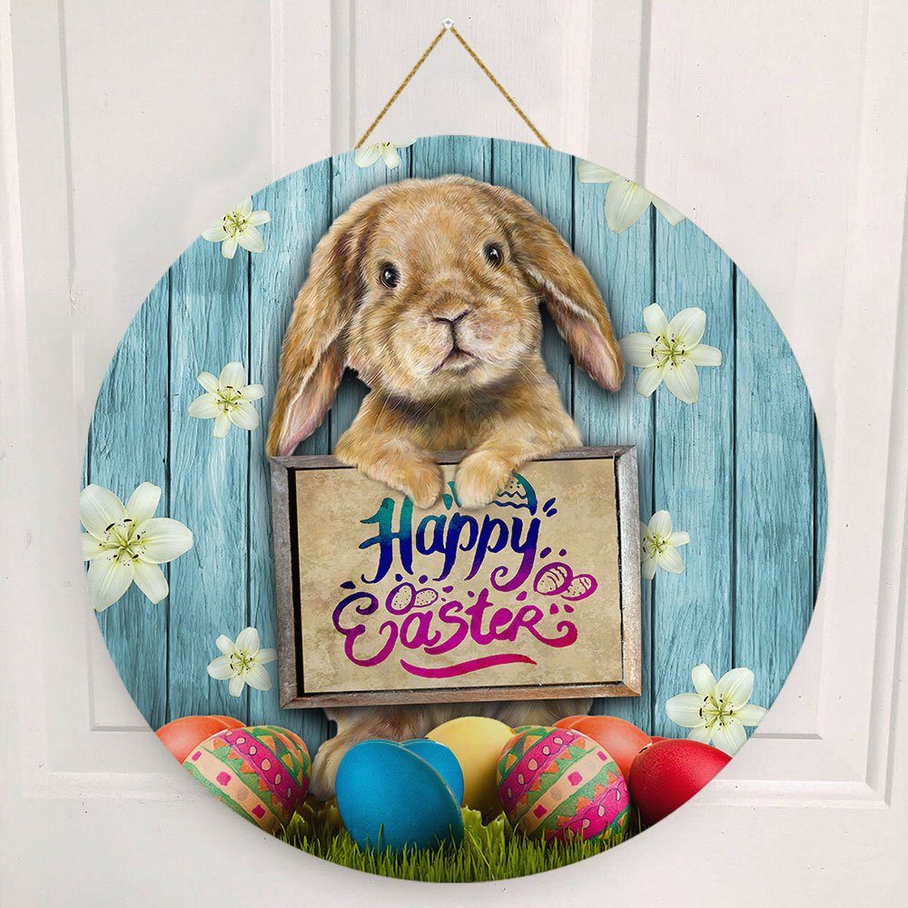 Happy Easter Bunny Eggs Wooden Door Sign QNK701WD