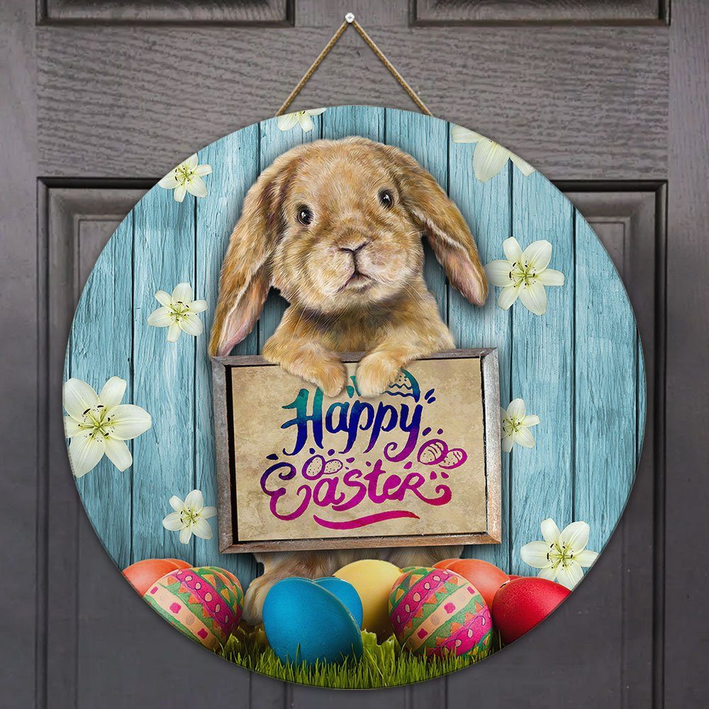Happy Easter Bunny Eggs Wooden Door Sign QNK701WD