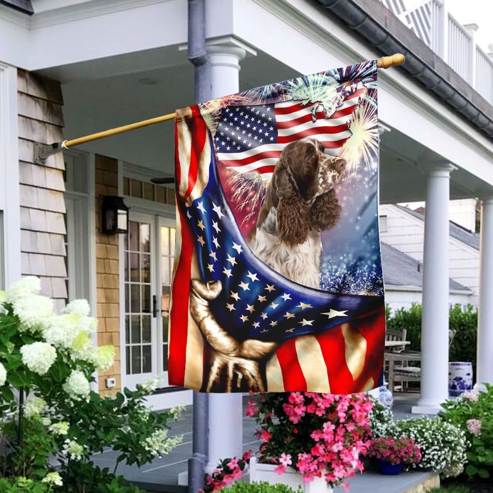 Happy Independence Day Liver and White Springer Spaniel Flag