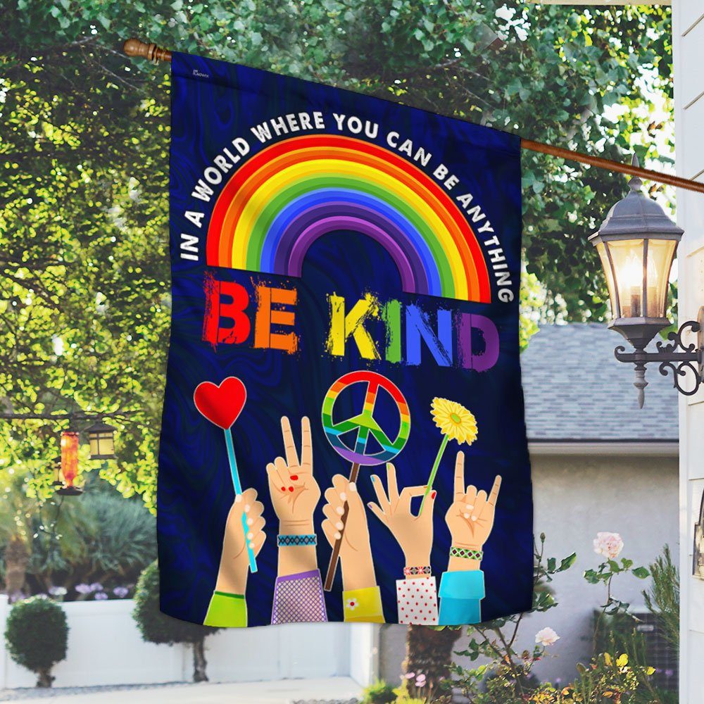 Hippie Flag In A World Where You Can Be Anything Be Kind. Peace Sign Rainbow LGBT Flag TPT247F