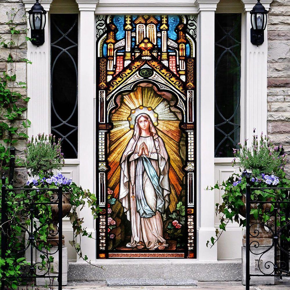 Holy Mary Stained Glass Door Cover