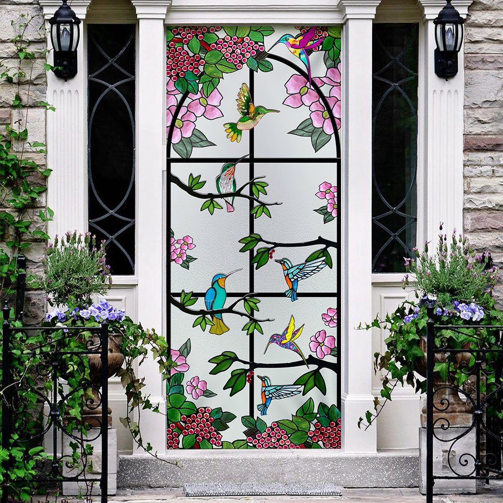 Hummingbird Floral Garden Stained Glass Door Cover