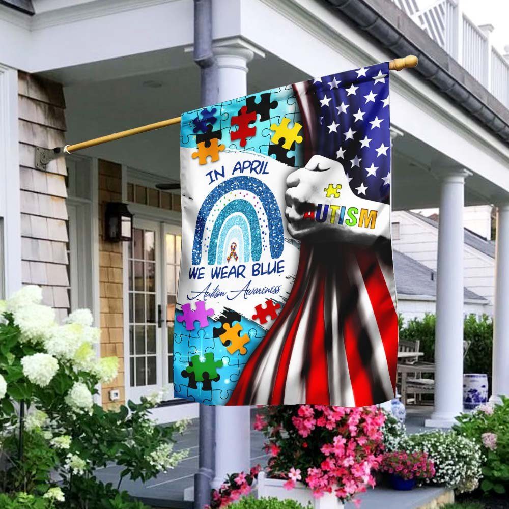 In April We Wear Blue. Autism Awareness Flag