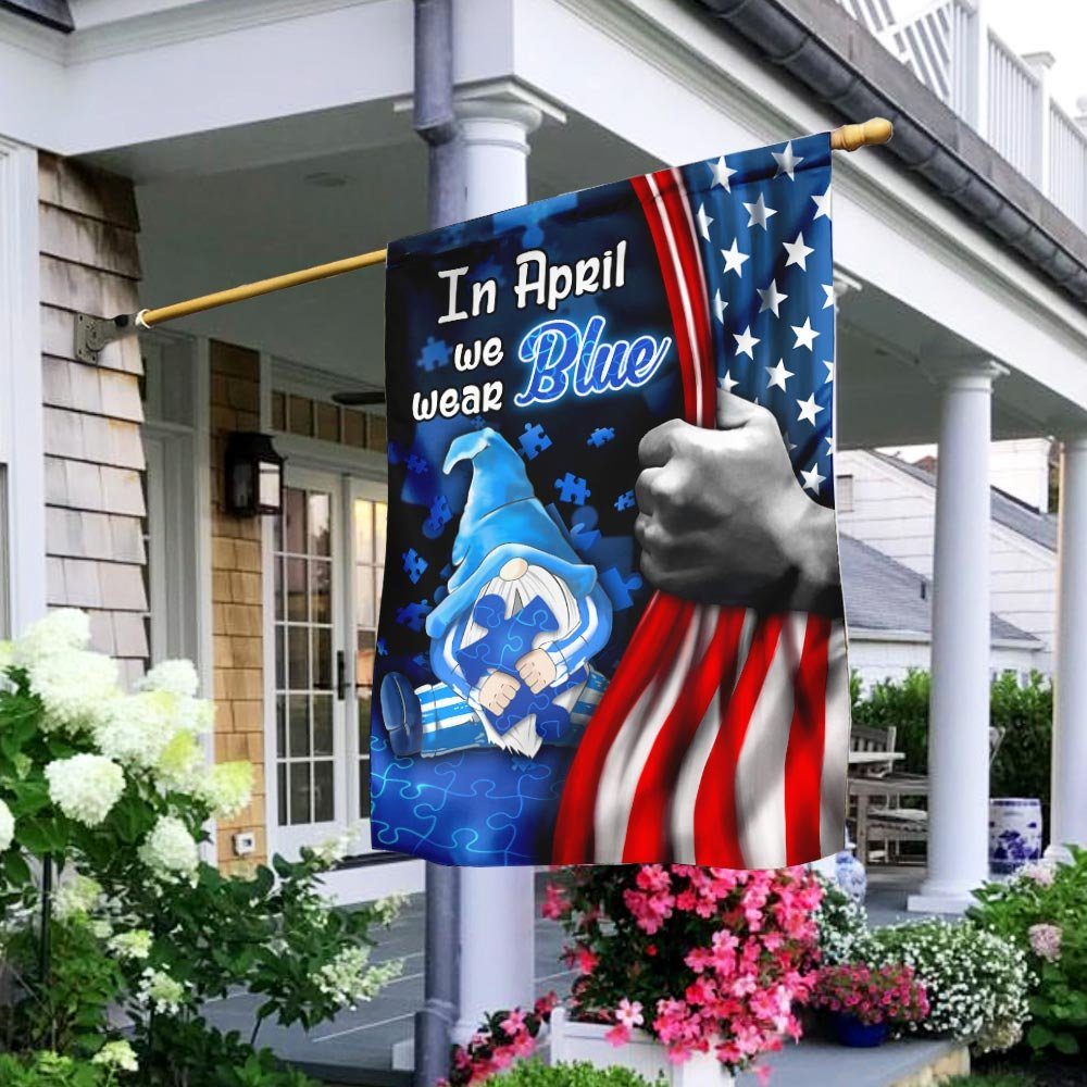 In April We Wear Blue Autism Awareness Gnome Flag