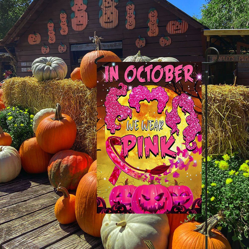In October We Wear Pink, Pumpkin Halloween Breast Cancer Awareness Flag TPT365F