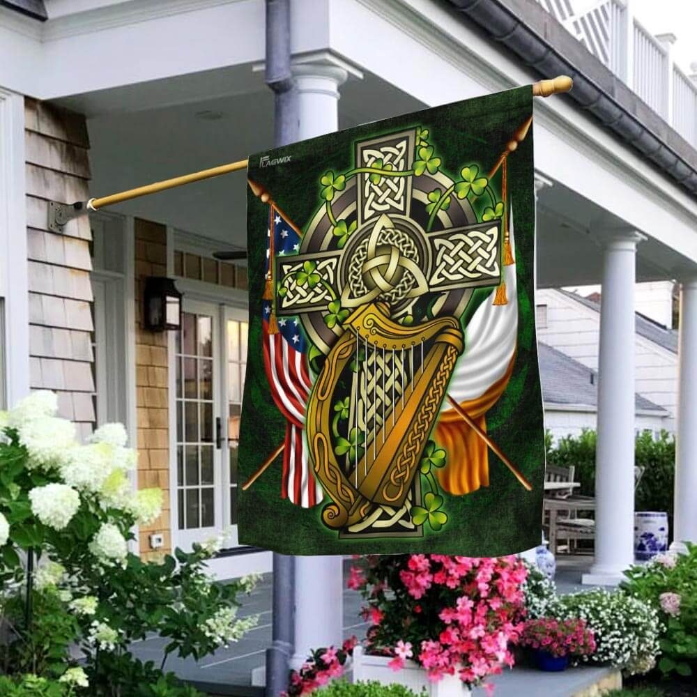 Irish American Celtic Cross Shamrock Flag